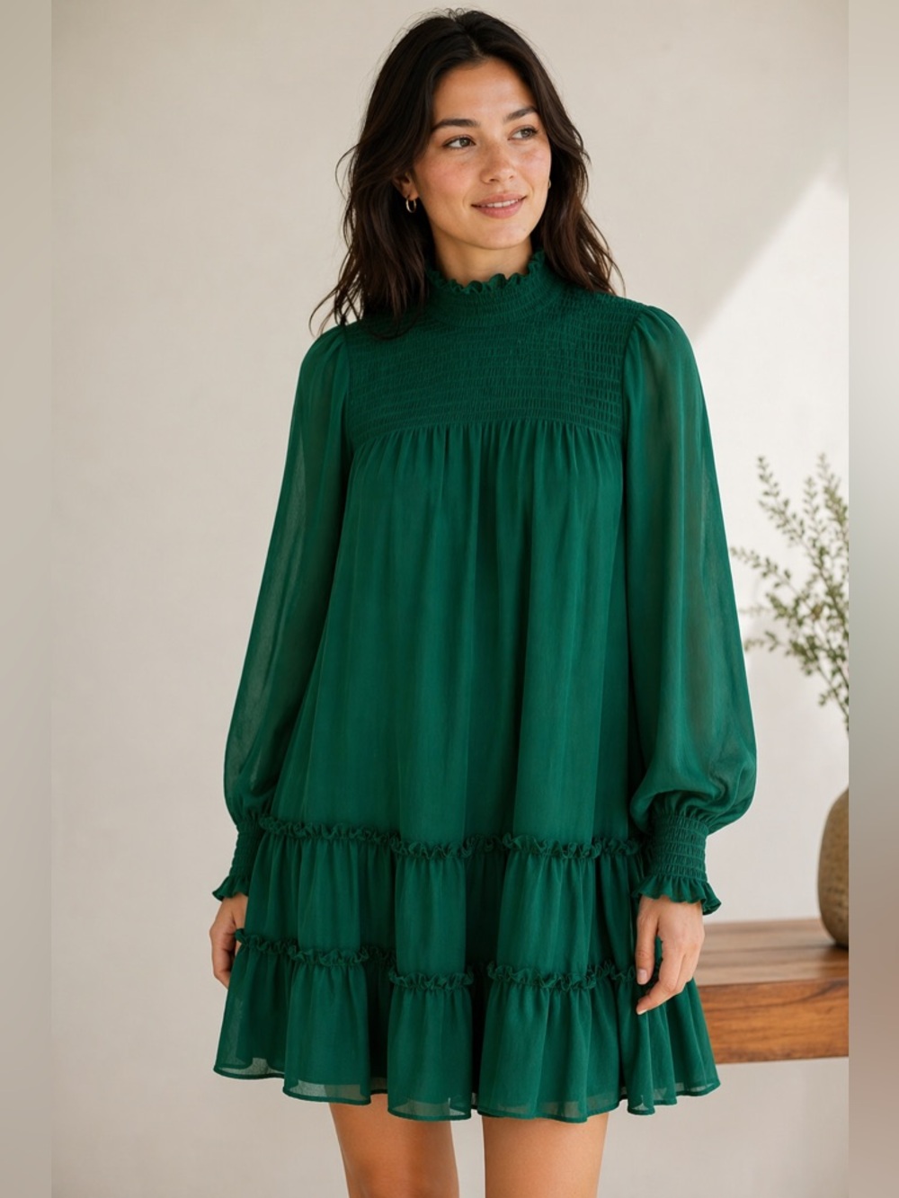 CeCe Green Smocked Ruffle Tiered Mini Dress Size S